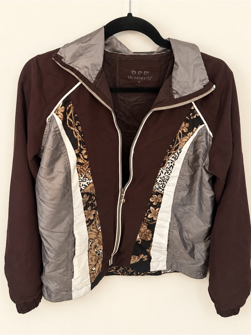Three Hearts Mixed Print Colorblock Zip Front Windbreaker Jacket S
